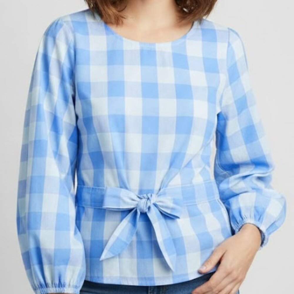 NWT J Crew sz XXL blue Bow front top in Bristow Gingham
